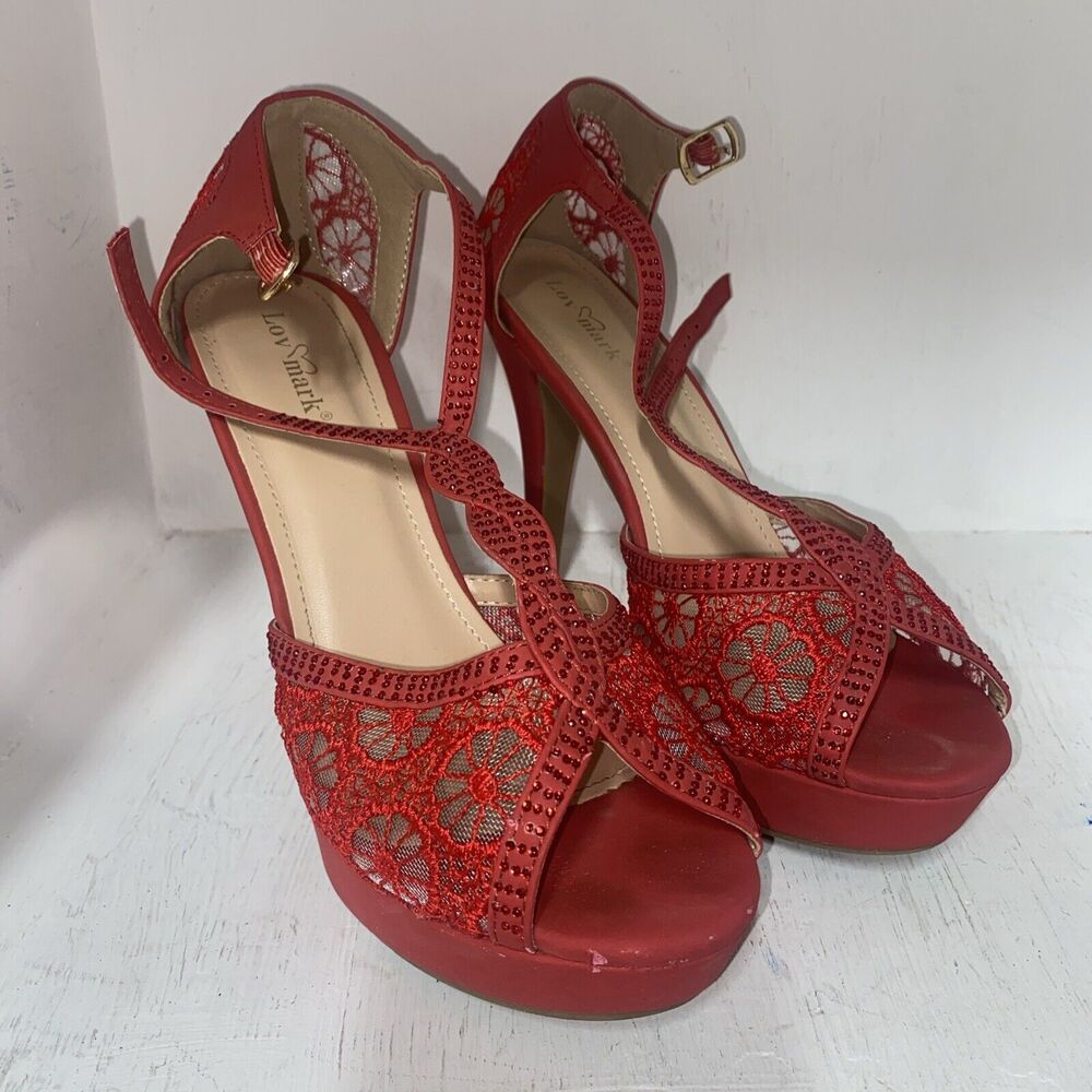 Lov Mark High Heels Womens Red Glitter Platform Ankle Strap Sandal Sz 8